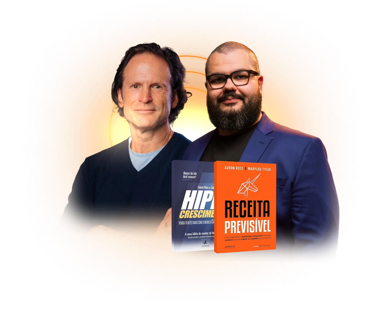 Aaron Ross e Thiago Muniz com os livros Receita Previsível e Hipercrescimento